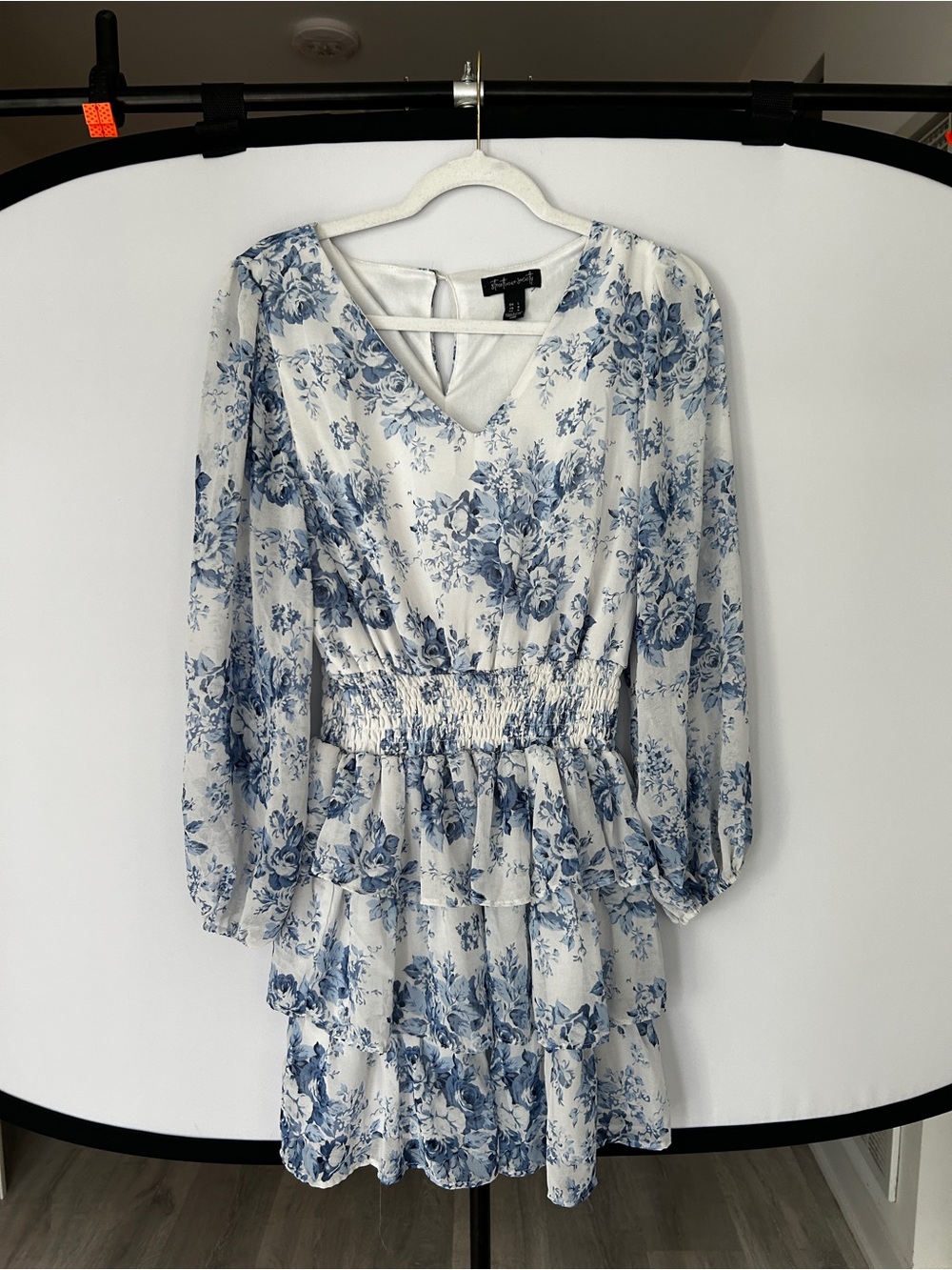 Forever 21 White and Blue Floral Long Sleeve Tiered Mini Dress